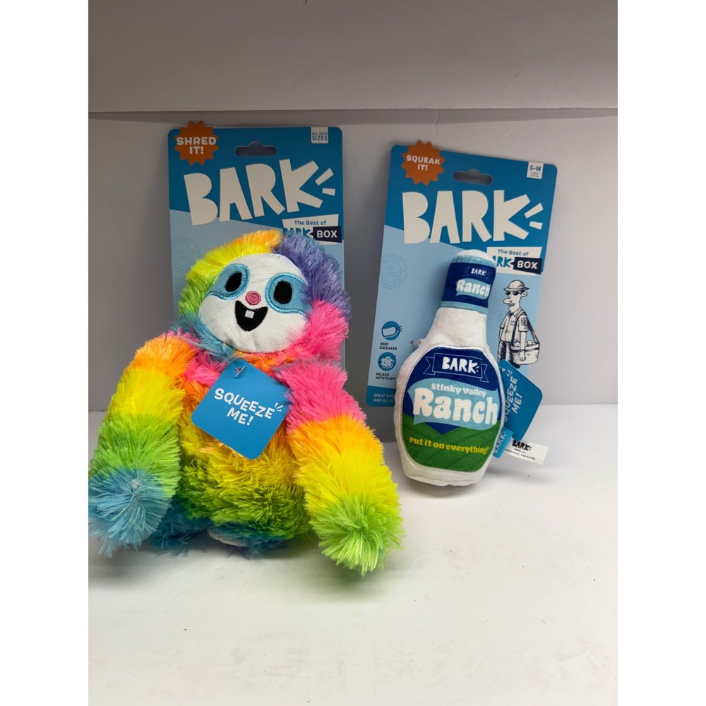 BarkBox Dog Toy Bundle Rainbow Sloth Shred It & Stinky Valley Ranch squeak NWT